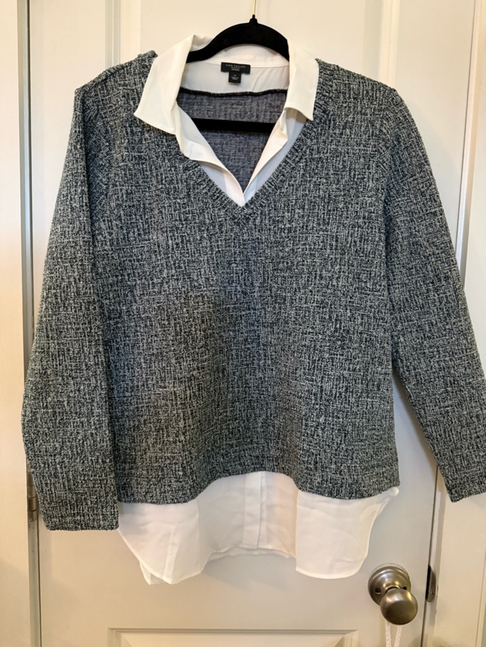 Ann Taylor Factory Grey Knit Sweater with White Shirt Trim